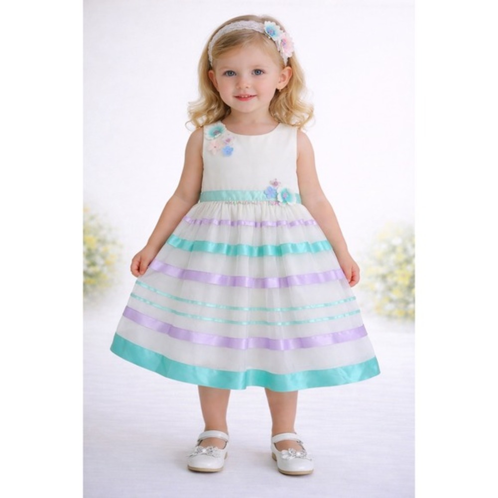Rare Edition Dress Flowers Ribbons Sleeveless 2T / 3T Off White Party Spring